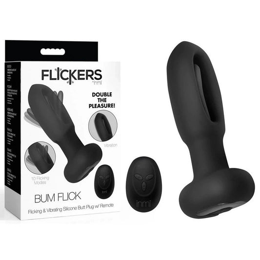 XR Brands Inmi Flickers Bum Flick Flicking & Vibrating Butt Plug With Remote Black - Butt Plugs
