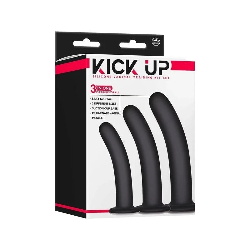 Excellent Power Kick Up Silicone Vaginal Training 3 Sizes Kit Black Pussy And Clit Toys