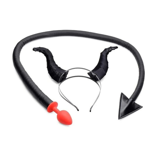 Tailz Devil Tail Anal Plug and Horn Set Black - Butt Plugs