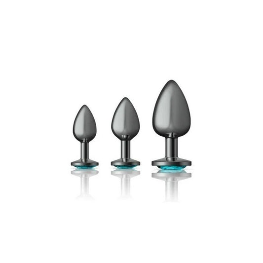 Cheeky Charms Round Metal Butt Plug Gunmetal Kit With Teal Jewel 3 Piece Butt Plugs