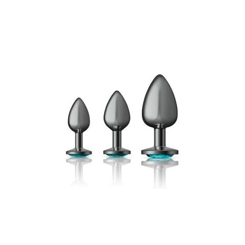 Cheeky Charms Round Metal Butt Plug Gunmetal Kit With Teal Jewel 3 Piece - Butt Plugs