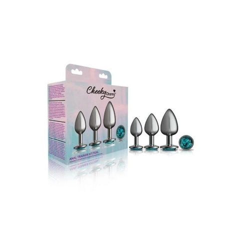 Cheeky Charms Round Metal Butt Plug Gunmetal Kit With Teal Jewel 3 Piece - Butt Plugs