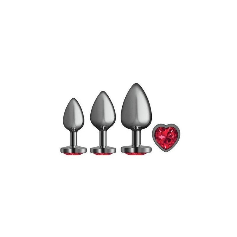 Cheeky Charms Round Metal Butt Plug Gunmetal 3 Piece Kit With Dark Red Heart Jewel Butt Plugs