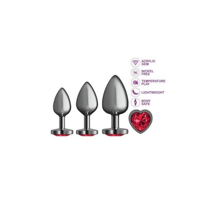 Cheeky Charms Round Metal Butt Plug Gunmetal 3 Piece Kit With Dark Red Heart Jewel Butt Plugs