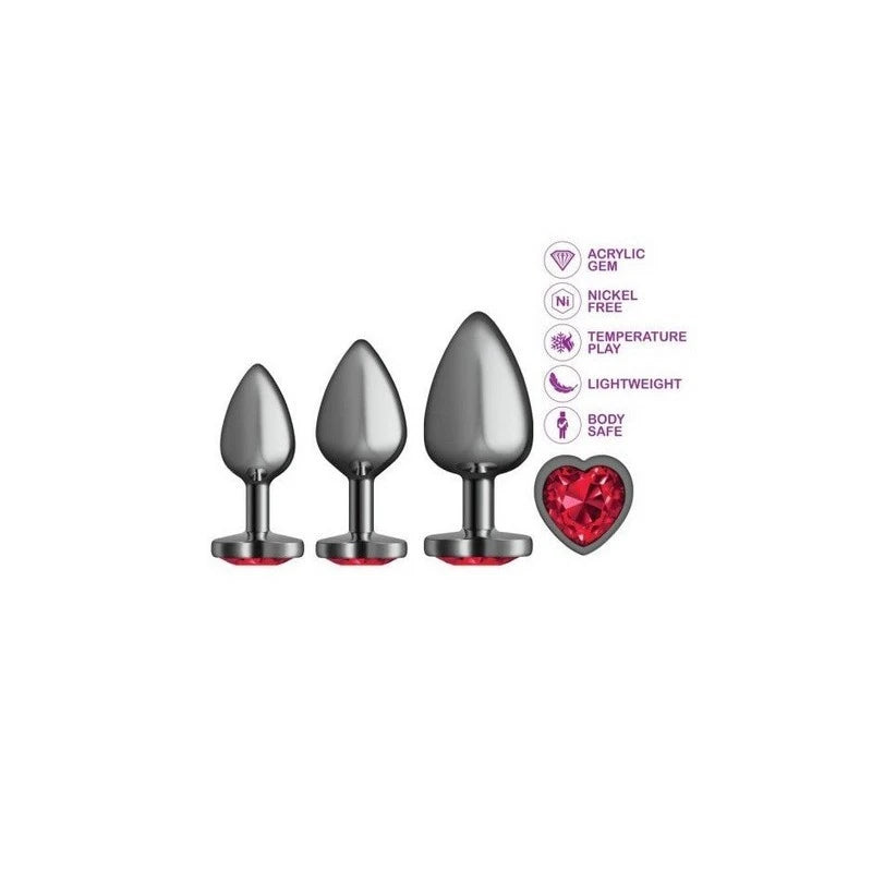Cheeky Charms Round Metal Butt Plug Gunmetal 3 Piece Kit With Dark Red Heart Jewel Butt Plugs