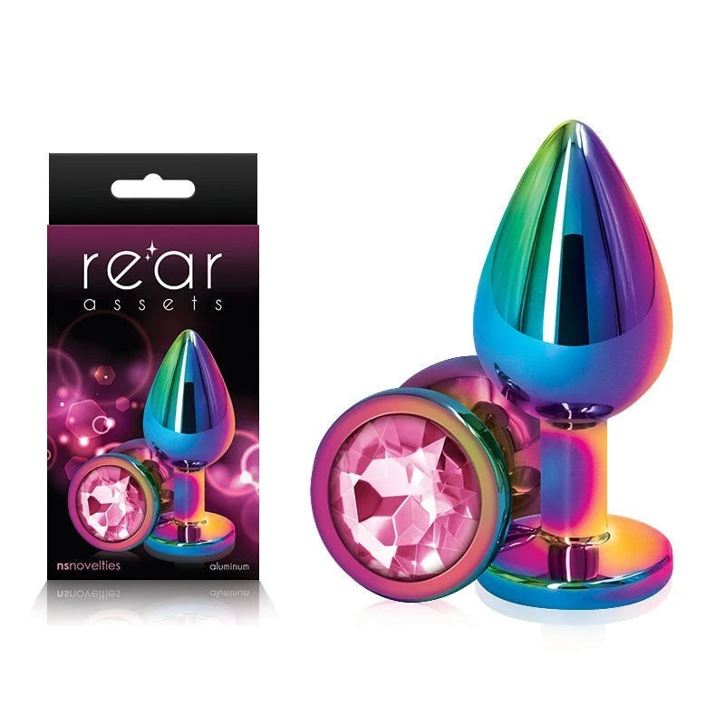 NS Novelties Rear Assets Multi Coloured Medium Metal Butt Plug With Pink Gem Base Butt Plugs
