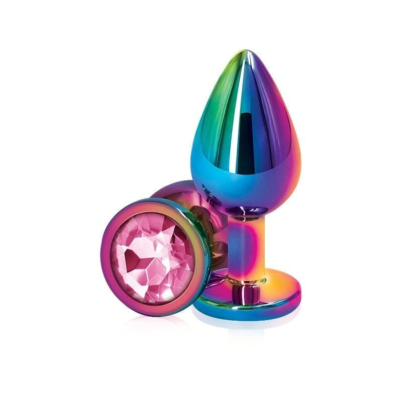 NS Novelties Rear Assets Multi Coloured Medium Metal Butt Plug With Pink Gem Base Butt Plugs