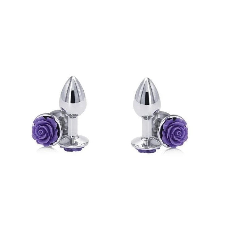 NS Novelties Rear Assets Rose Metal Butt Plug With Purple Rose Base Small Butt Plugs