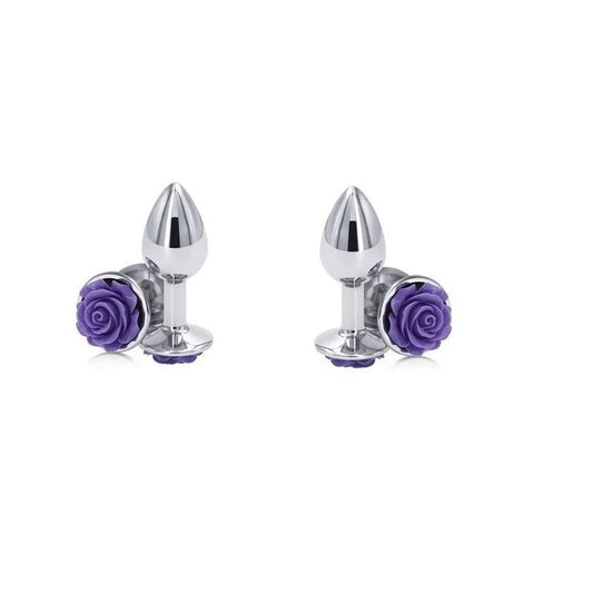 NS Novelties Rear Assets Rose Metal Butt Plug With Purple Rose Base Small - Butt Plugs