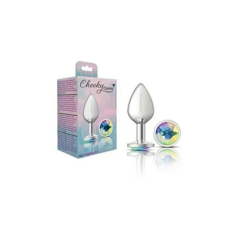 Cheeky Charms Silver Round Butt Plug With Clear Iridescent Jewel Butt Plugs
