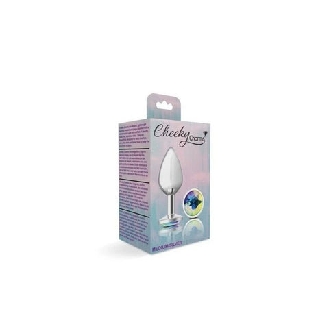 Cheeky Charms Silver Round Butt Plug With Clear Iridescent Jewel - Butt Plugs