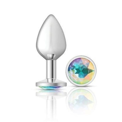 Cheeky Charms Silver Round Butt Plug With Clear Iridescent Jewel - Butt Plugs