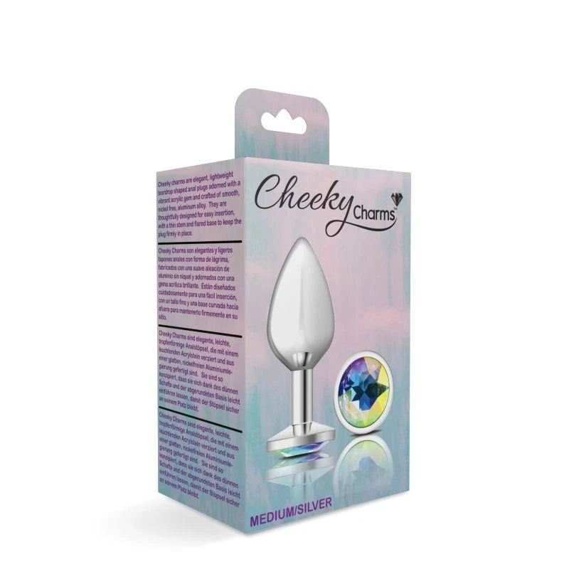Cheeky Charms Silver Round Butt Plug With Clear Iridescent Jewel Butt Plugs