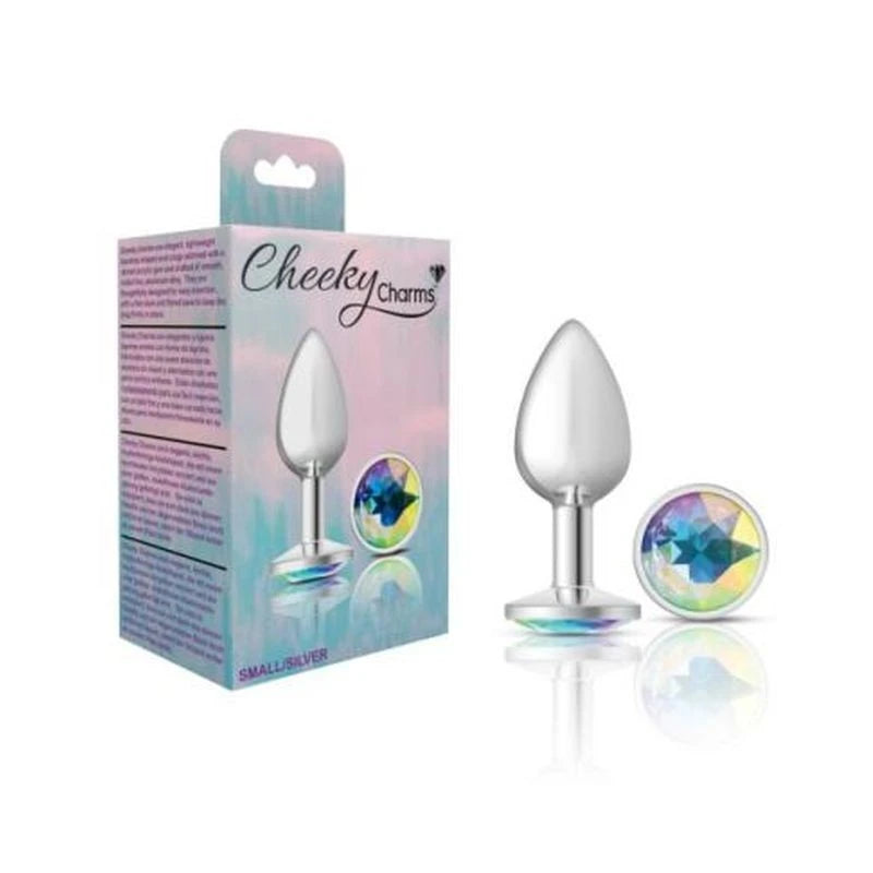 Cheeky Charms Silver Round Butt Plug With Clear Iridescent Jewel Butt Plugs