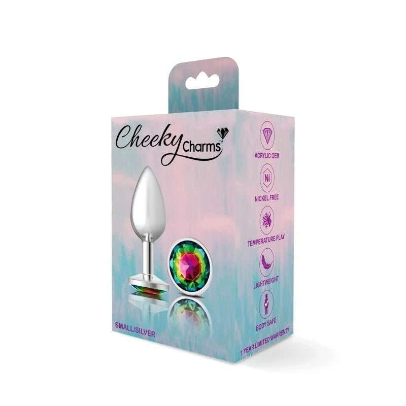 Cheeky Charms Silver Round Butt Plug With Rainbow Jewel Butt Plugs