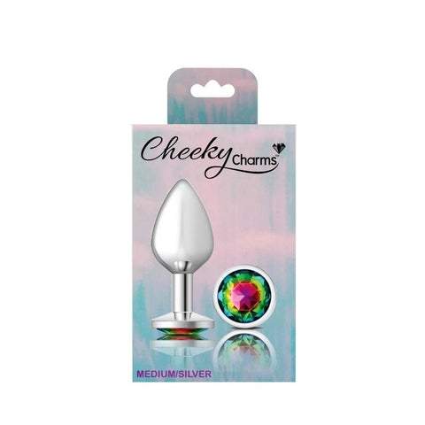 Cheeky Charms Silver Round Butt Plug With Rainbow Jewel - Butt Plugs