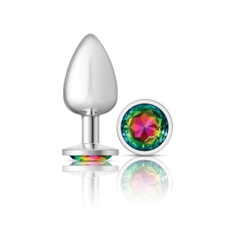 Cheeky Charms Silver Round Butt Plug With Rainbow Jewel - Butt Plugs