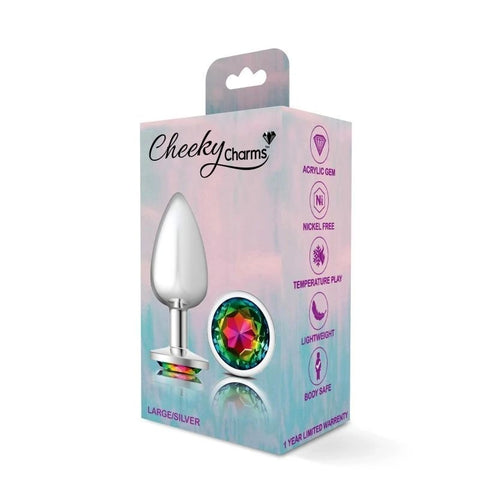 Cheeky Charms Silver Round Butt Plug With Rainbow Jewel - Butt Plugs