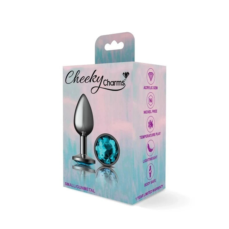 Cheeky Charms Gunmetal Round Butt Plug With Teal Jewel Butt Plugs
