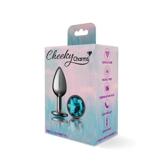 Cheeky Charms Gunmetal Round Butt Plug With Teal Jewel - Butt Plugs