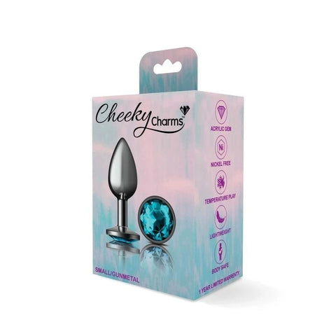 Cheeky Charms Gunmetal Round Butt Plug With Teal Jewel - Butt Plugs