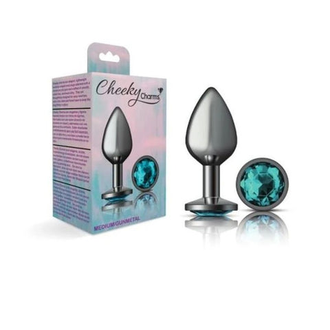 Cheeky Charms Gunmetal Round Butt Plug With Teal Jewel - Butt Plugs