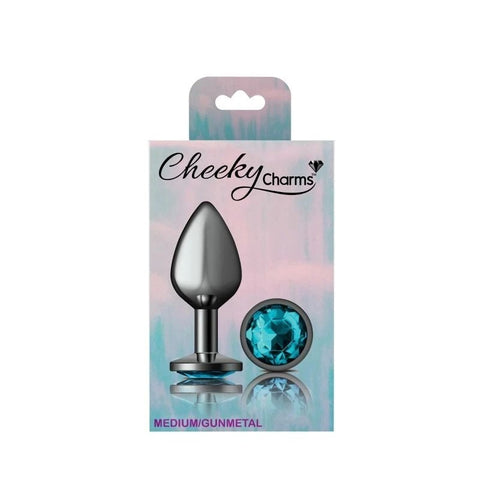 Cheeky Charms Gunmetal Round Butt Plug With Teal Jewel - Butt Plugs