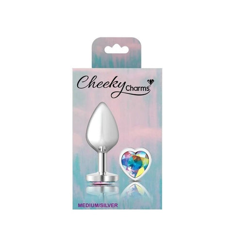 Cheeky Charms Silver Metal Anal Plug With Heart Clear Jewel - Butt Plugs