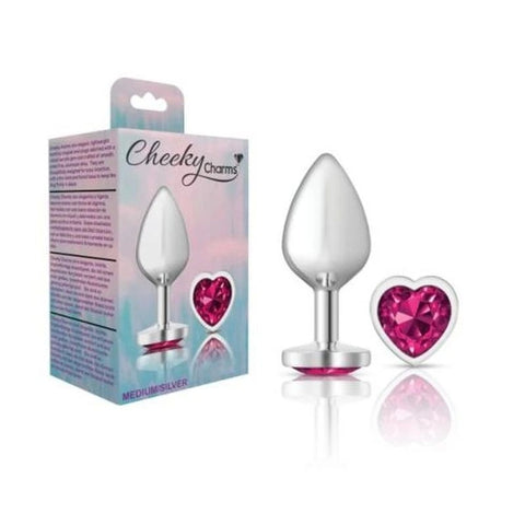 Cheeky Charms Silver Metal Butt Plug With Heart Pink Jewel - Butt Plugs