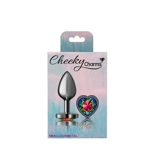 Cheeky Charms Gunmetal Butt Plug With Heart Rainbow Jewel - Butt Plugs