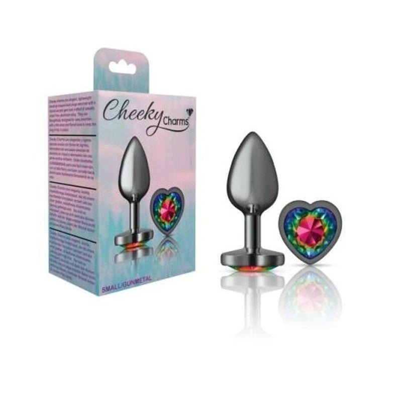 Cheeky Charms Gunmetal Butt Plug With Heart Rainbow Jewel Butt Plugs