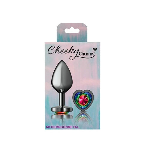 Cheeky Charms Gunmetal Butt Plug With Heart Rainbow Jewel - Butt Plugs