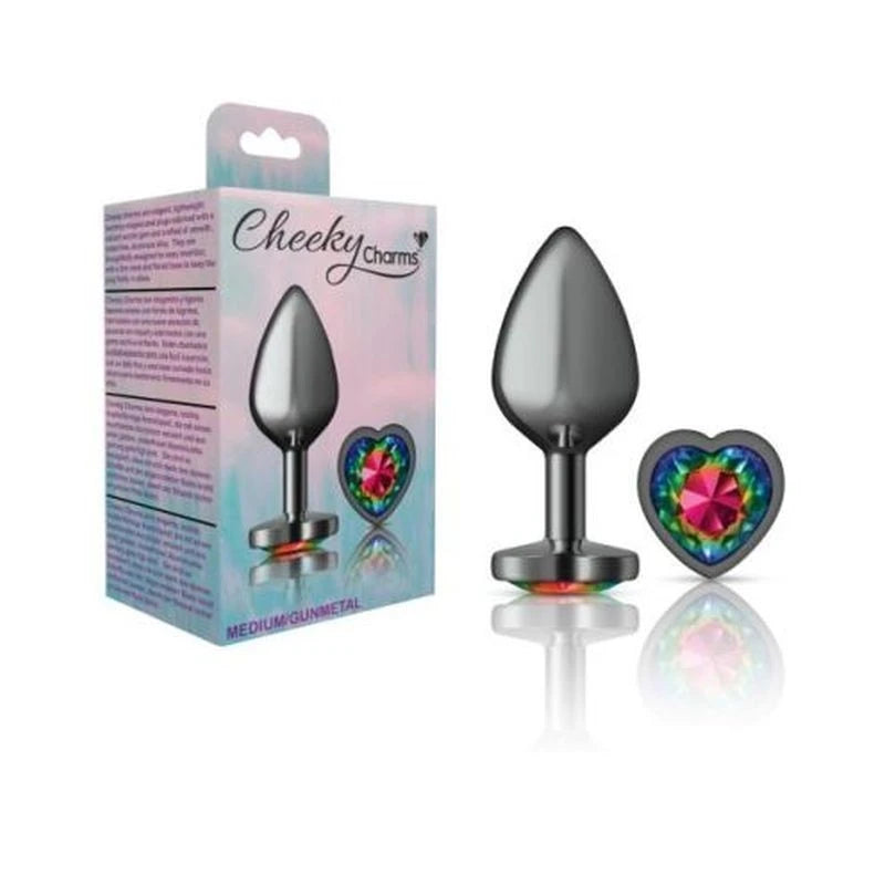 Cheeky Charms Gunmetal Butt Plug With Heart Rainbow Jewel Butt Plugs