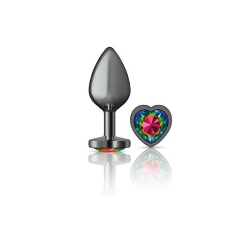 Cheeky Charms Gunmetal Butt Plug With Heart Rainbow Jewel Butt Plugs