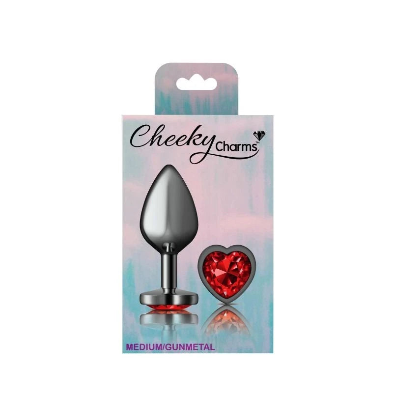 Cheeky Charms Gunmetal Anal Plug With Heart Red Jewel Butt Plugs