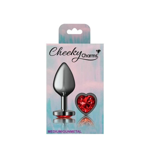 Cheeky Charms Gunmetal Anal Plug With Heart Red Jewel - Butt Plugs