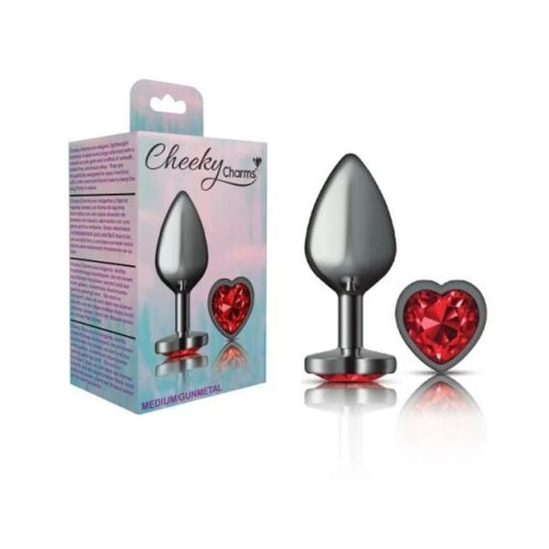 Cheeky Charms Gunmetal Anal Plug With Heart Red Jewel Butt Plugs