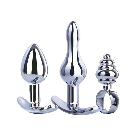 Hardware Gear T Bar Base 3 In 1 Metal Butt Plug Kit Set Chrome - Butt Plugs