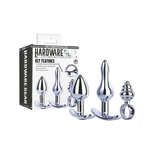 Hardware Gear T Bar Base 3 In 1 Metal Butt Plug Kit Set Chrome - Butt Plugs