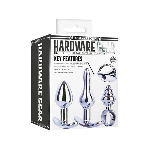 Hardware Gear T Bar Base 3 In 1 Metal Butt Plug Kit Set Chrome - Butt Plugs