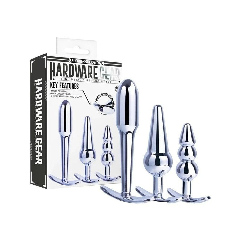 Hardware Gear 3 In 1 Metal Butt Plug Kit Set With Pull Ring Design Chrome Butt Plugs