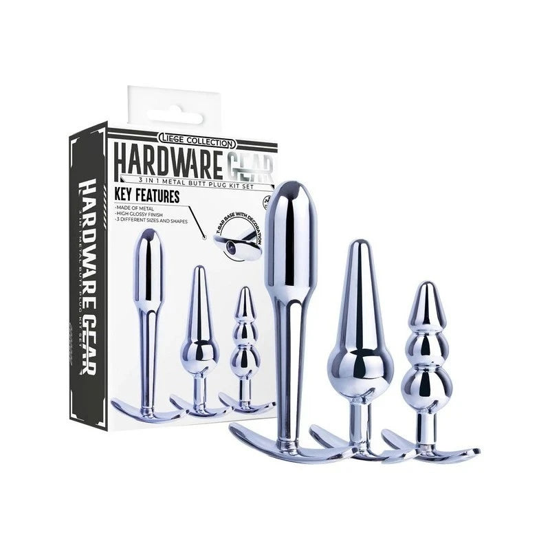 Hardware Gear 3 In 1 Metal Butt Plug Kit Set With Pull Ring Design Chrome Butt Plugs
