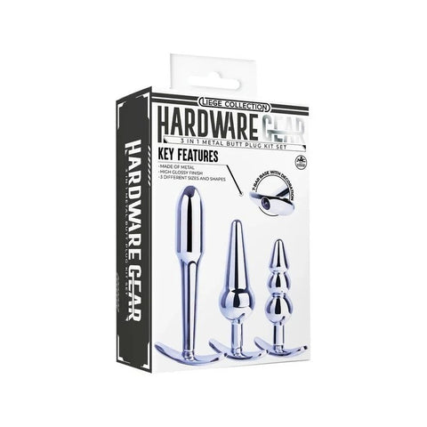 Hardware Gear 3 In 1 Metal Butt Plug Kit Set With Pull Ring Design Chrome - Butt Plugs