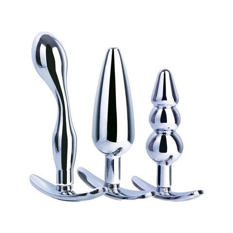 Hardware Gear 3 in 1 High Glossy Finish Metal Butt Plug Kit Set Chrome - Butt Plugs