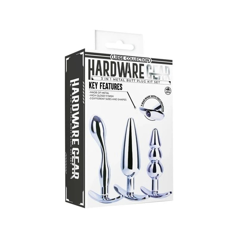 Hardware Gear 3 in 1 High Glossy Finish Metal Butt Plug Kit Set Chrome Butt Plugs
