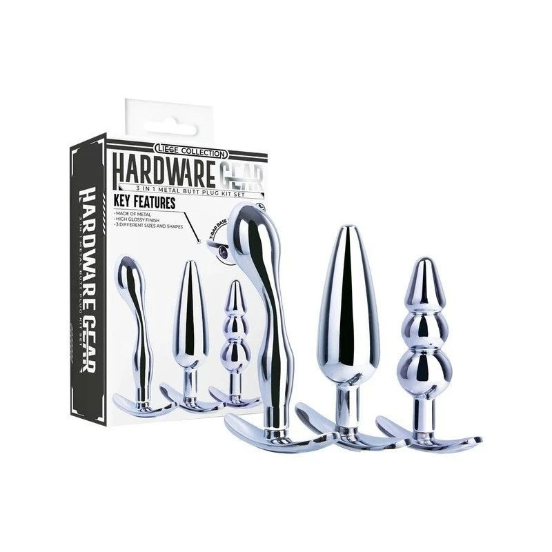 Hardware Gear 3 in 1 High Glossy Finish Metal Butt Plug Kit Set Chrome Butt Plugs