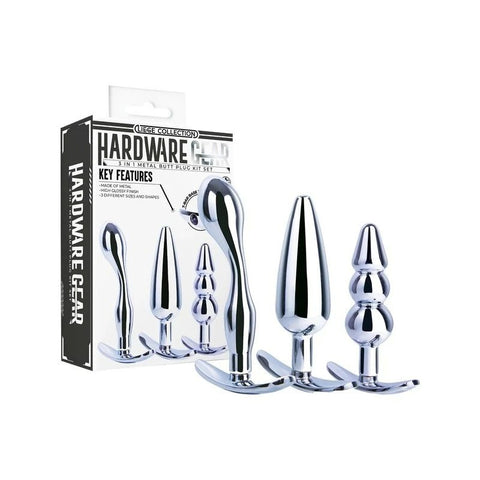 Hardware Gear 3 in 1 High Glossy Finish Metal Butt Plug Kit Set Chrome - Butt Plugs