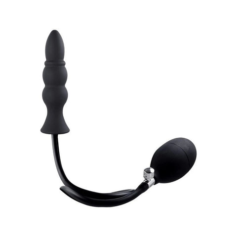 Strafe Inflatable Ribbed Silicone Anal Plug With Pumps Black - Butt Plugs