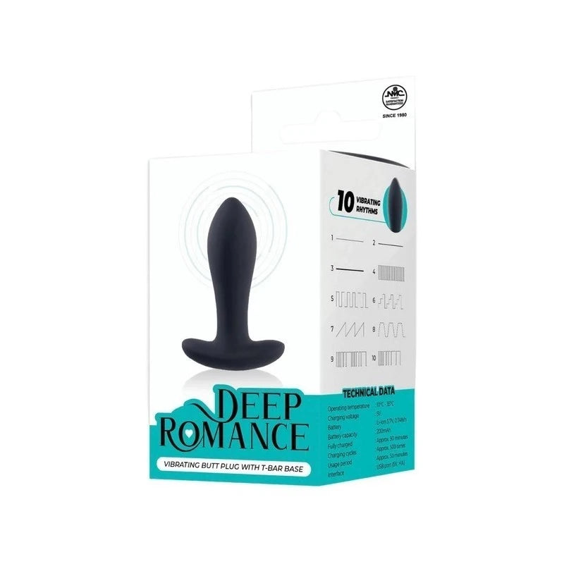 Deep Romance Rechargeable Vibrating Butt Plug with T Bar Base Black Butt Plugs