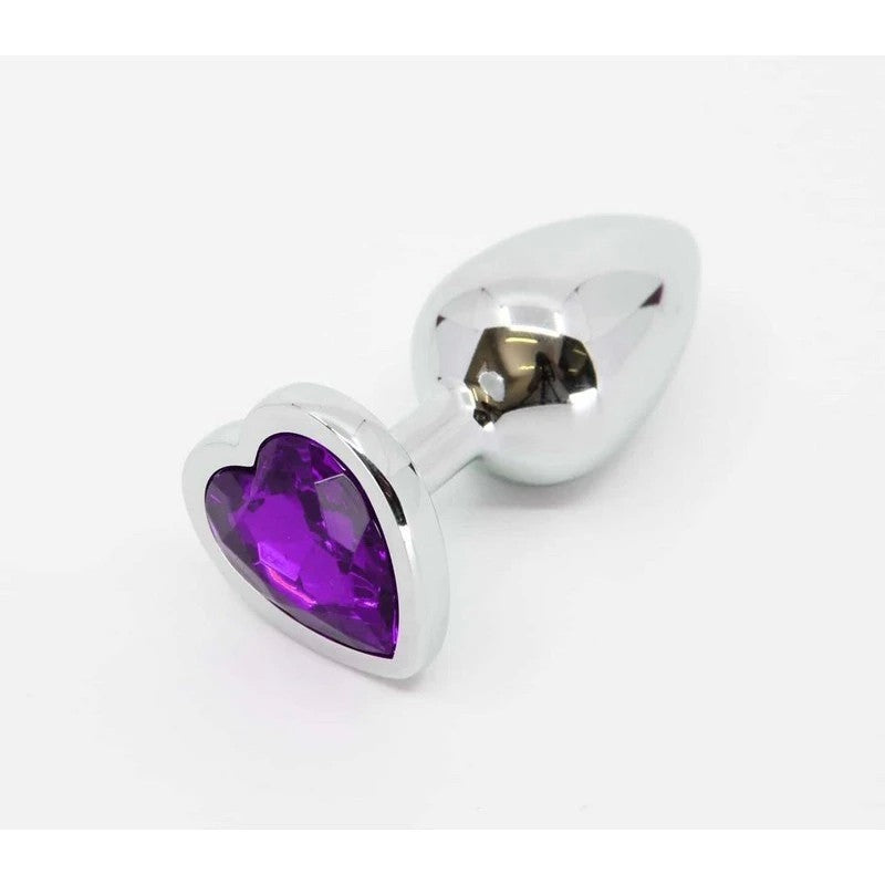 Love In Leather Metal Anal Plug With Heart Gem Purple Butt Plugs